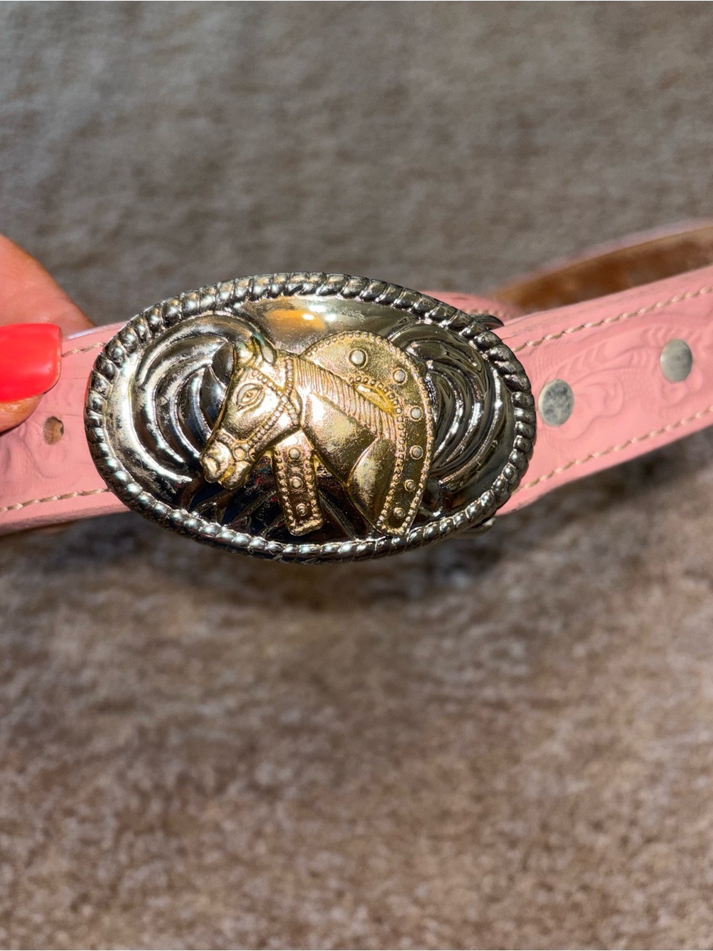 Ladies size 28 Pink Leather Belt with Silver Horse Buckle